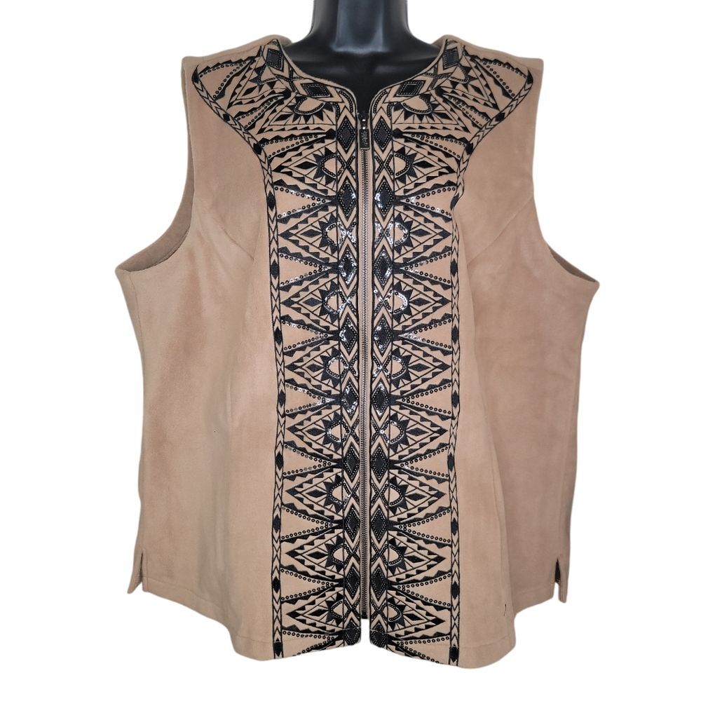 Bob Mackie Plus Size Sequin and Embroidered Fleece Vest 2x